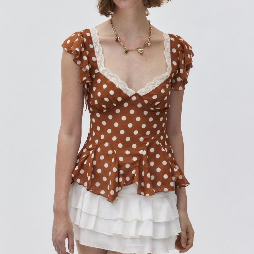 NWT Urban Outfitters Kimchi Blue Stella Flutter Brown Polka Dot Blouse in Large
